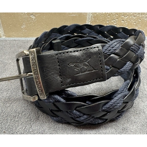 Rodd & Gunn Belt Mens M/L Black Blue Braided Woven Fabric Leather Trim Golf - Picture 1 of 7